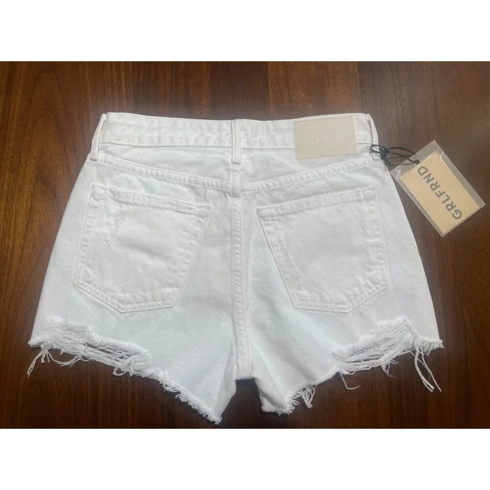 GRLFRND Helena High Rise Cut Off Denim Short in Topanga White 24 Womens Jeans